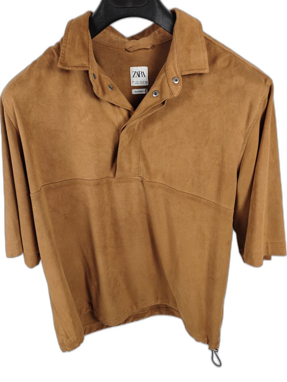 Men’s Zara Relaxed Fit Faux Suede Polo Shirt Brown Size L